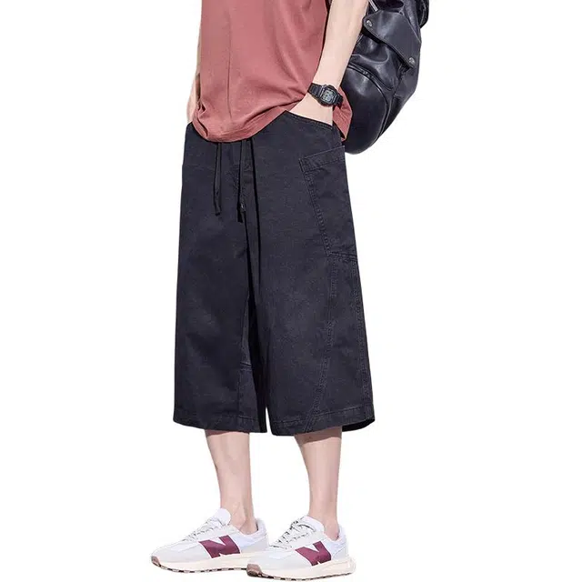 协协乐 纯棉纯色夏季薄款凉感透气男士工装拼接设计感宽松美式潮牌户外七分裤子休闲短裤 男款