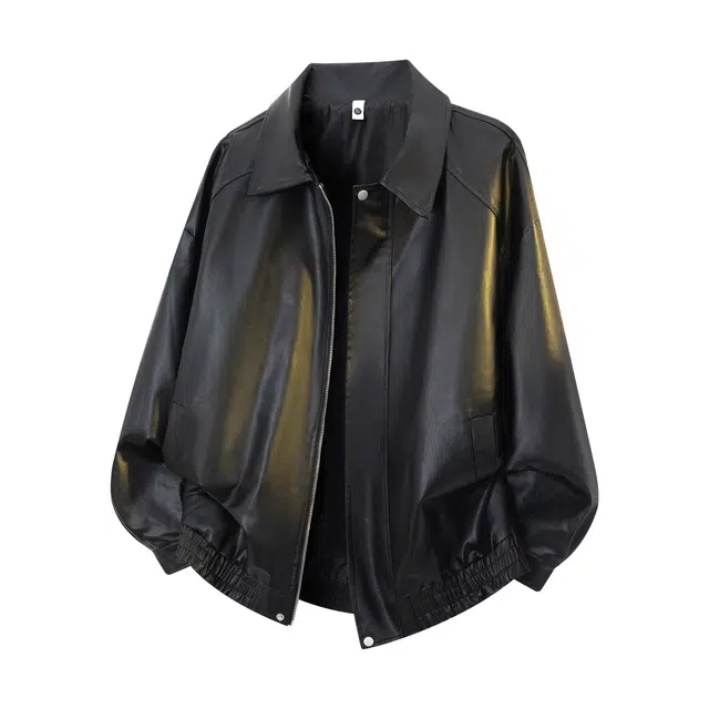 木林森 复古纯色高街潮牌重磅防水翻领落肩宽松保暖百搭休闲飞行员教练皮衣 男女同款