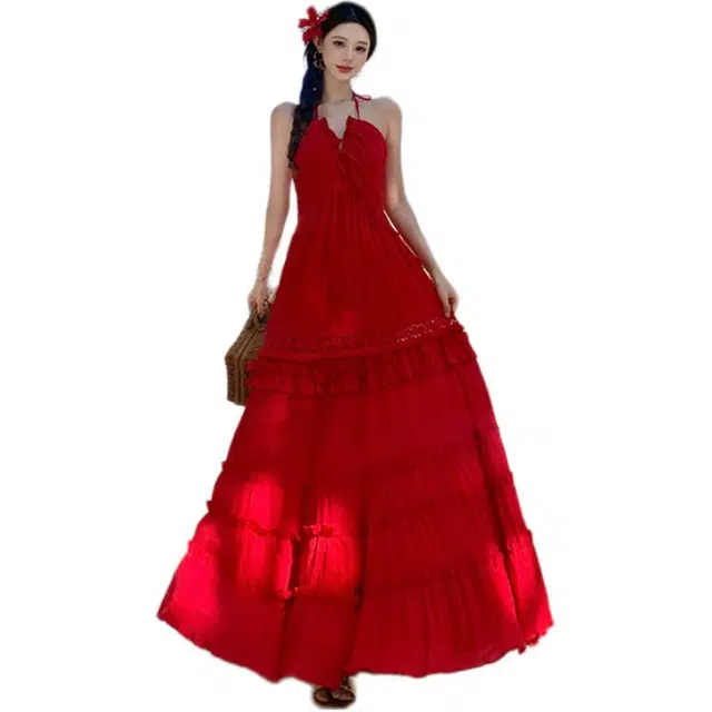 黛尔佳人 法式复古性感小露背蛋糕长裙无袖连衣裙 女款