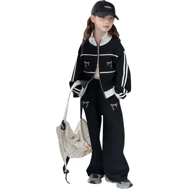 帕兰朵 休闲运动套装 潮流百搭双开拉链蝴蝶结两件套 青少年