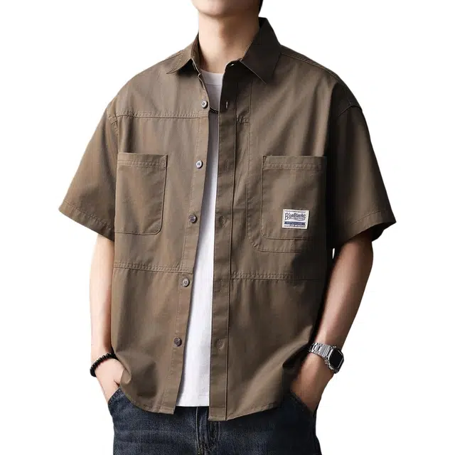 贵色 夏季 山系小众设计感复古重磅纯棉工装口袋美式意大利风短袖休闲衬衣外套潮衬衫 宽松 男女同款