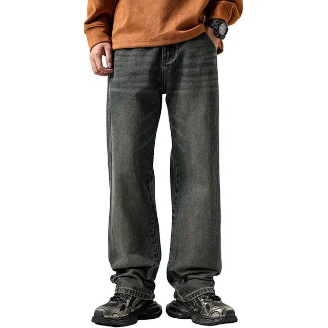 帝狼牛 慵懒风街头做旧水洗宽松复古直筒简约日常休闲 牛仔裤 男女同款