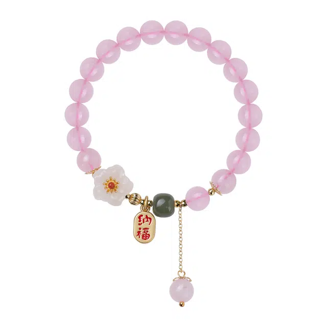 【匠心手作 桃花朵朵】 灵菲 和田玉桃花平安转运珠 新中式国风招财纳福粉色百搭串珠手链 #好运少女浪漫礼盒 粉水晶 手串 女款