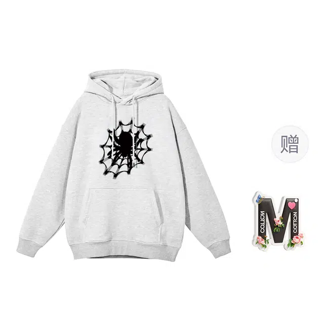 棉购 春秋情侣款蜘蛛背面印花上衣休闲舒适基础款潮流时尚宽松加绒加厚长袖卫衣 男女同款