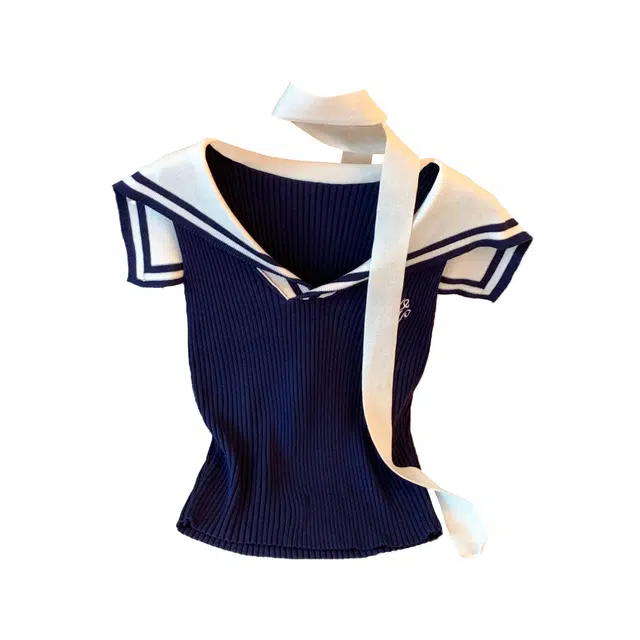 敲模女孩 法式复古学院风撞色海军领条纹字母刺绣修身针织衫 女款