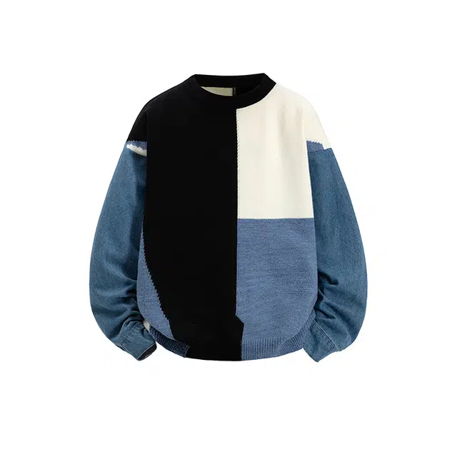 红蜻蜓 百搭设计感宽松拼色拼接袖子针织上衣圆领毛衣 女款