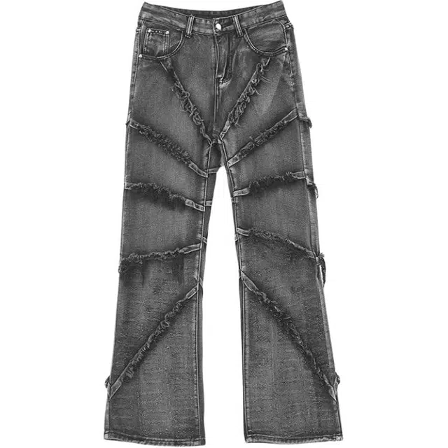 洞洞拐 美式高街复古水洗流苏毛边小众潮牌设计感牛仔裤 男女同款