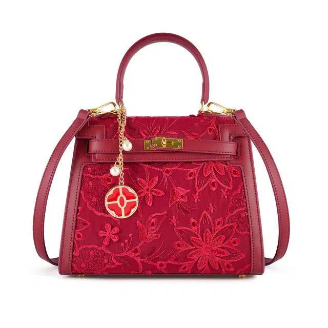 维尼奥 新中式国风浪漫繁花立体印花复古红刺绣气质新娘婚包优雅百搭大气时尚 合成革 凯莉包单肩斜挎手提包 女款 红色