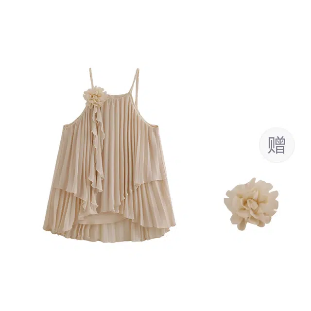 花栗鼠小姐 美神降临 可拆卸立体花朵胸针压褶柔纱上衣夏季纯色简约细肩带甜辣妹纯欲时尚柔软舒适气质百搭吊带 女款