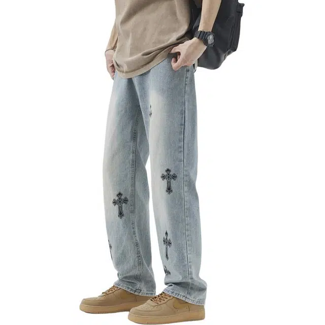 协协乐 高端时尚印花春秋季美式复古水洗做旧潮牌设计感宽松直筒阔腿青少年百搭休闲运动长裤牛仔裤 男款