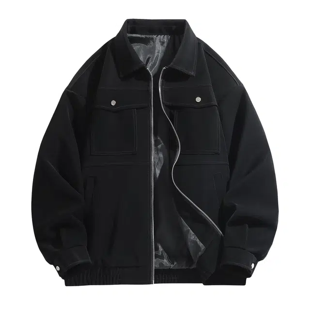 快鱼 美式潮流机车风水洗做旧美拉德色系宽松复古翻领拼接休闲百搭通勤防风长袖外套皮衣 男女同款