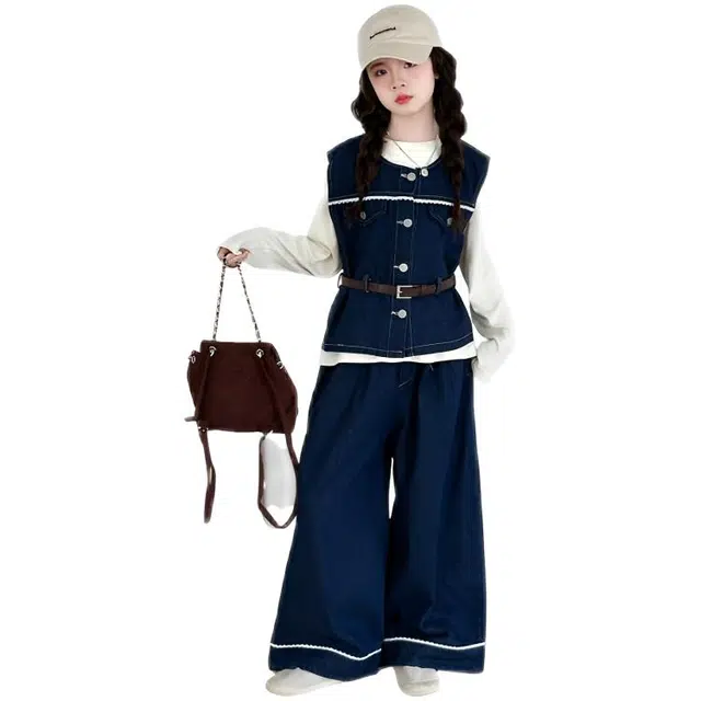 天才小熊休闲运动套装 女童春秋季牛仔马甲大童潮牌小孩衣服 小女孩短袖洋气时髦 舒适帅气轻便