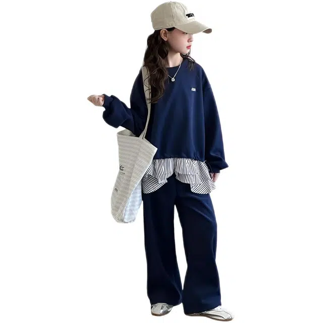 比比我休闲运动套装  女童春秋季假两件卫衣大童潮牌小孩衣服 小女孩短袖洋气时髦 舒适帅气轻便