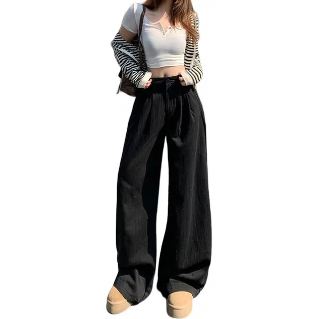 如续 宽松褶皱纹理感直筒显瘦垂感阔腿裤子牛仔裤 女款