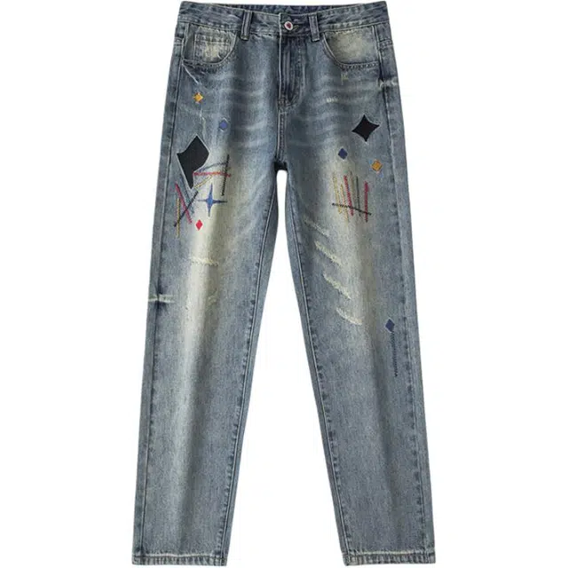 华夏儿女 夏款美式重工刺绣直筒裤高街潮牌复古宽松休闲百搭图案阔腿牛仔裤 男款