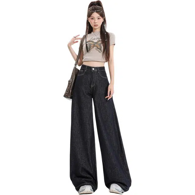 拾籍 美式复古宽松阔腿裤女潮流休闲高腰垂感百搭拖地直筒牛仔裤 女款