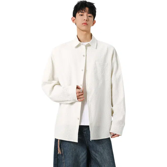 瑞梵帝斯 美式复古潮流简约翻领开衫泡泡纱格子薄款透气防晒休闲宽松日系小众纯色内搭长袖外套男生衬衫 男款