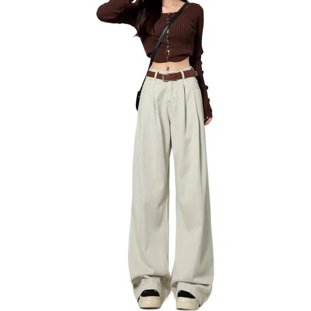 么宁 阔腿高腰小个子宽松遮肉显瘦超长拖地裤休闲百搭牛仔裤 女款 流光杏