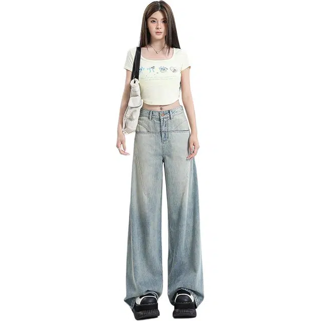 拾籍 美式街头辣妹宽松设计感拼接高腰垂感百搭牛仔裤 女款