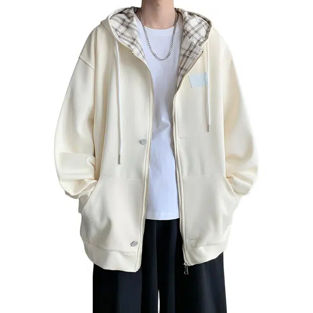 哲源 美式高街复古简约风上衣纯色基础款开衫设计感外套潮牌百搭宽松舒适休闲连帽卫衣 男女同款