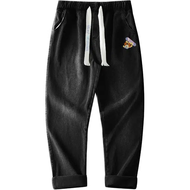 加菲猫家族 高街美式复古字母卡通印花潮流休闲百搭水洗做旧日常通勤舒适高级感无性别主义直筒系带垂感牛仔裤 男女同款