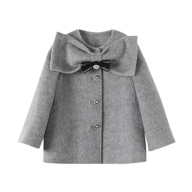 媛媛公主 春秋冬洋气时髦蝴蝶结保暖加厚简约纯色中长款呢大衣 儿童款
