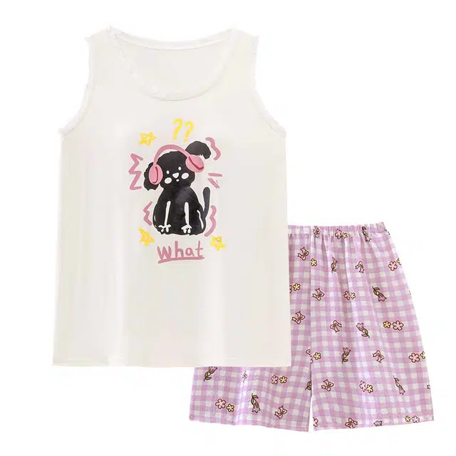顶瓜瓜 带胸垫无袖上衣短裤泡泡皱圆领套头可爱卡通小狗休闲两件套家居服夏季睡衣套装 女款