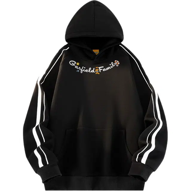 加菲猫家族 美式高街校园风休闲百搭简约基础字母图案设计百搭条纹撞色拼接插肩袖长袖套头连帽卫衣 男女同款