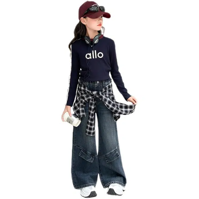 天才小熊休闲运动套装 女童春秋季印花拉条牛仔裤大童潮牌小孩衣服 小女孩短袖洋气时髦 舒适帅气轻便