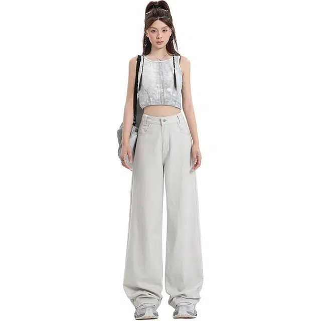 拾籍 简约设计时尚百搭宽松显瘦高腰阔腿牛仔裤 女款