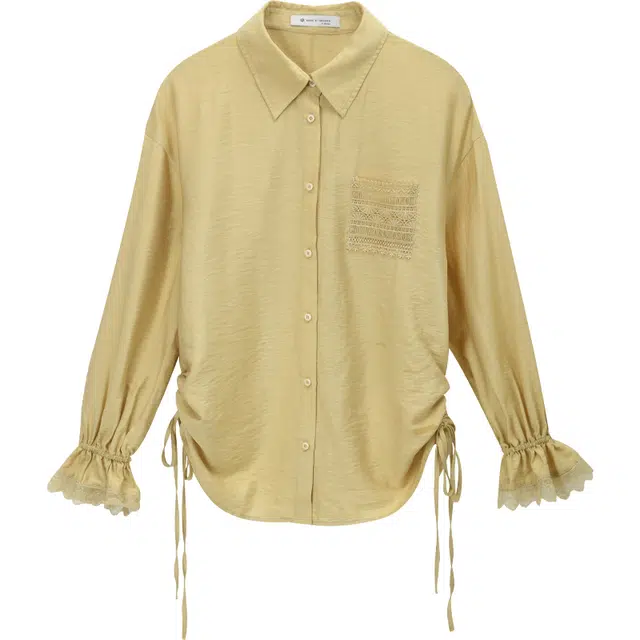 谜秀 黄色亚麻三件套 衬衫吊带短裤 复古镂空花边套装 女款