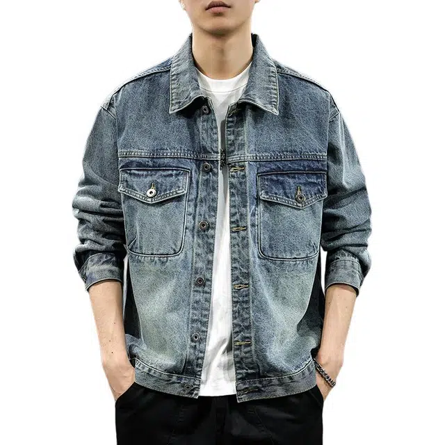 前进牛 美式经典复古潮牌痞帅高街户外嘻哈街头做旧水洗宽松大码工装牛仔外套 男女同款