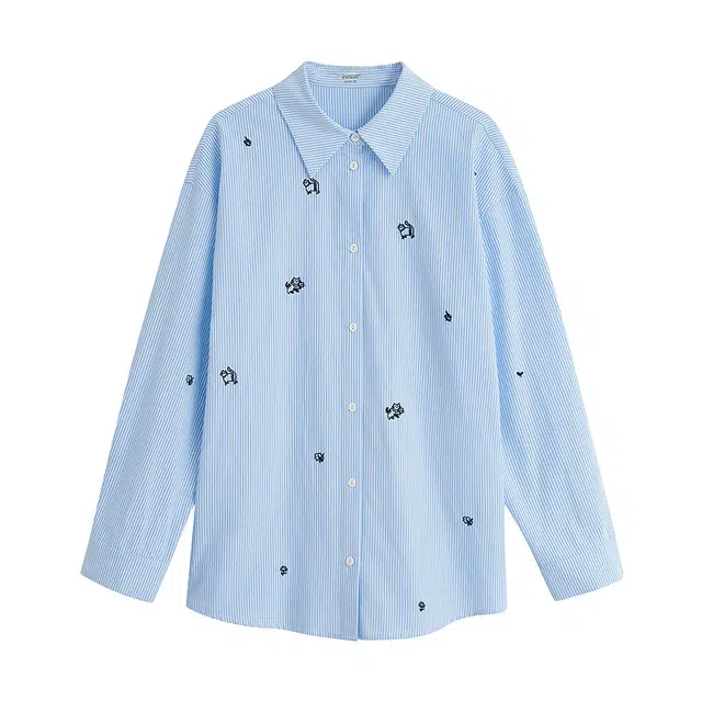 茵曼 原创萌宠刺绣条纹慵懒衬衣宝藏显瘦早秋穿搭气质平价绝美入秋时尚氛围衬衫 女款