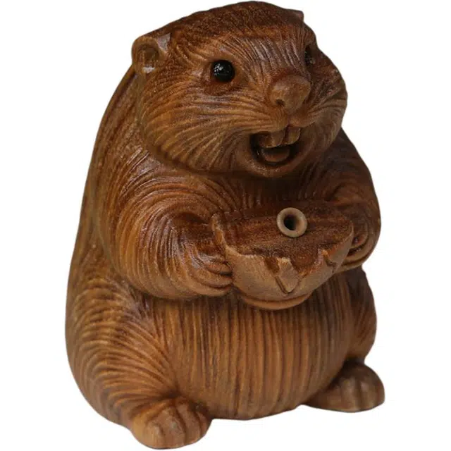 得笙陌 土拨鼠香插木雕文玩可爱造型小摆设 绿檀 摆件 男女同款情侣款