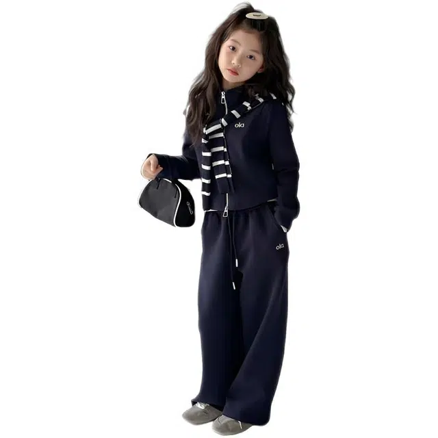 比比我休闲运动套装  女童春秋季条纹披肩立领大童潮牌小孩衣服 小女孩短袖洋气时髦 舒适帅气轻便