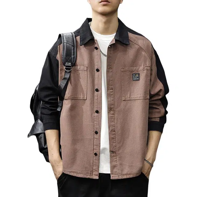 前进牛 学院运动风高街痞帅撞色拼接长袖衬衫 男款