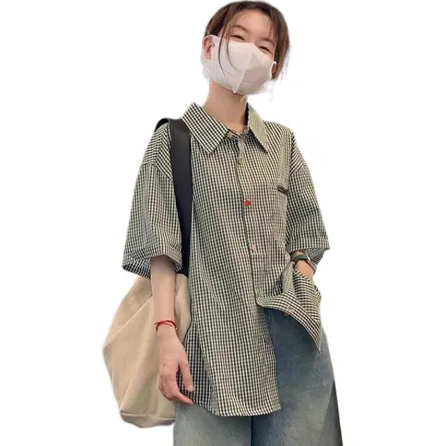 沐晓欣 日系夏季格子短袖设计感小众宽松衬衫 女款