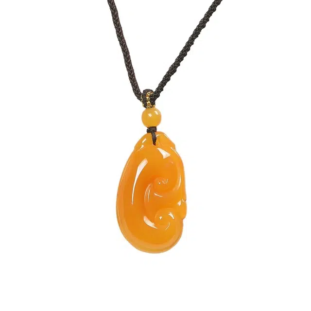 宣华意 国风新中式时尚大气鸡油黄如意灵芝 万事如意 诸事顺遂 招财好运 黄龙玉 项链 男女同款情侣款