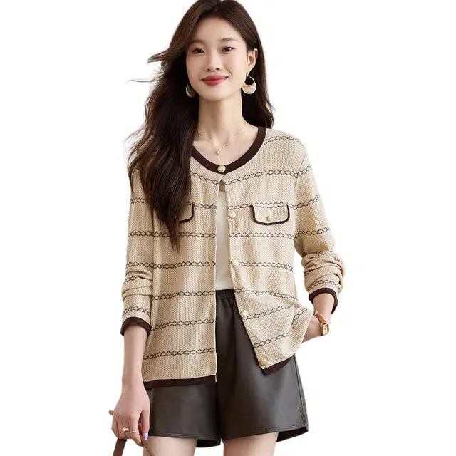 恒源祥 小香风圆领条纹开衫外套高级感气质时尚含羊毛外搭长袖针织衫 女款