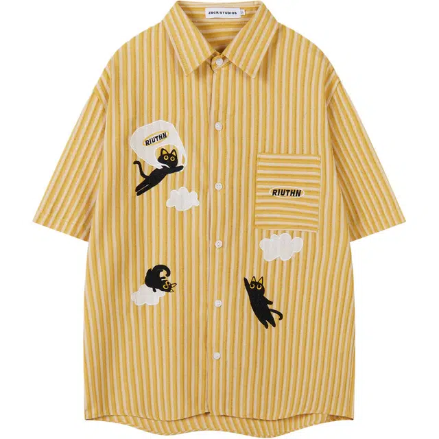 花蔓色 美式复古卡通猫咪刺绣条纹舒适小众设计短袖男女夏季宽松休闲百搭情侣衬衫 女款