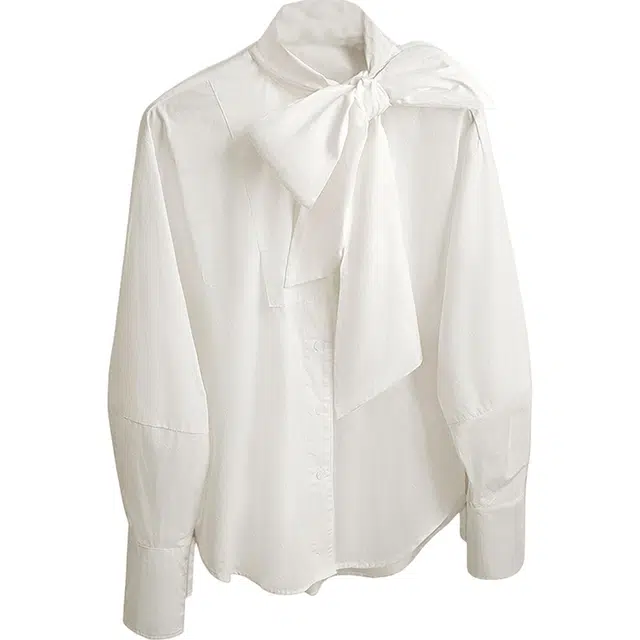 丝柏舍 纯色蝴蝶结系带领减龄单排扣宽松款简约气质落肩长袖衬衫 女款