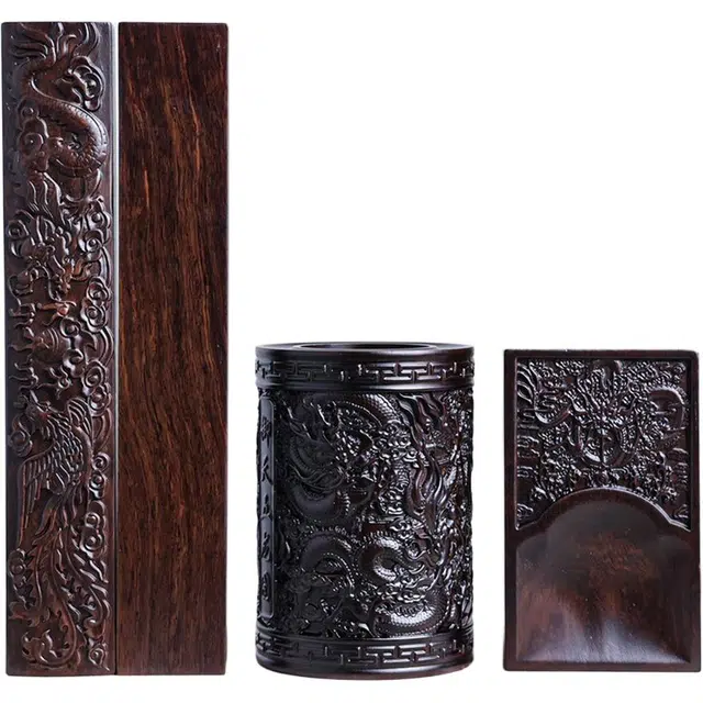 得笙陌 雕龙文房笔筒砚台镇尺整料雕刻套装#好运 黑檀 摆件 男女同款情侣款