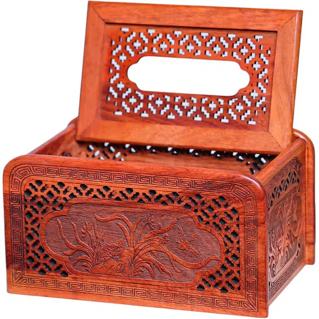 得笙陌 雕花纸巾盒木制桌面镂空翻盖复古新中式 缅花 抽纸盒 男女同款情侣款