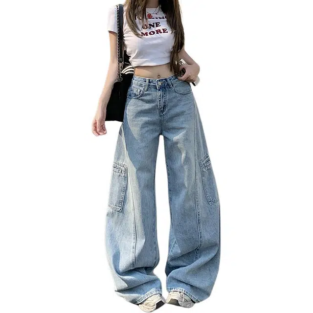 如续 美式直筒复古工装多口袋阔腿裤显瘦休闲裤子设计感宽松高腰牛仔裤 女款