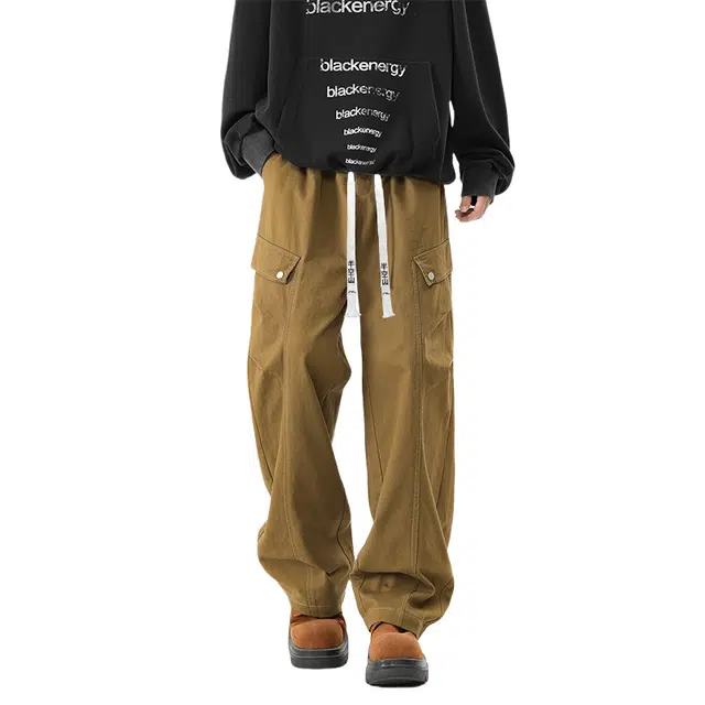 半空山 美式复古立体线条解构多口袋设计纯色纯棉高品质品牌文字刺绣系带宽松阔腿休闲工装裤 男女同款