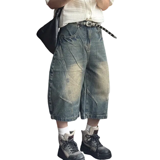 冈哉 美式复古宽松弯刀裤七分裤个性潮流潮牌高街设计感通勤薄款做旧水洗褶皱染牛仔短裤 男女同款