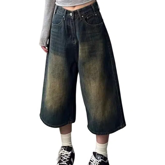 囍鱼少女 大码美式复古裤设计感七分直筒显瘦中裤阔腿牛仔短裤 女款