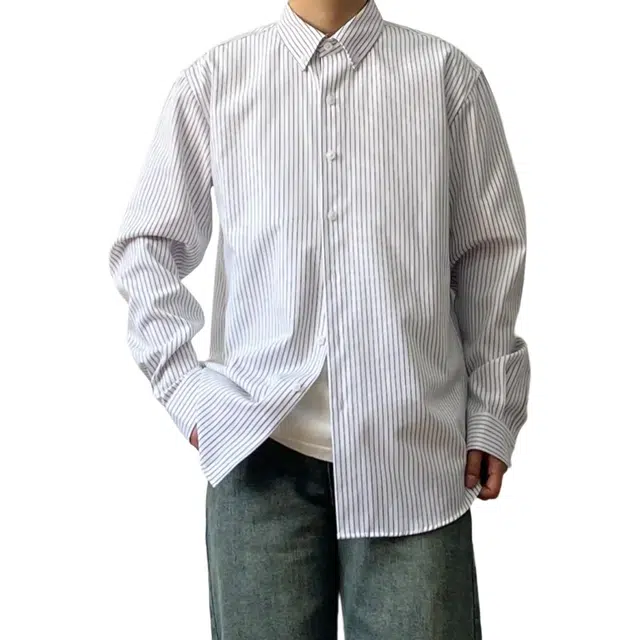 冈哉 港风竖条纹衬衣美式学院风单排扣内搭叠穿宽松休闲落肩百搭日常通勤长袖衬衫 男女同款