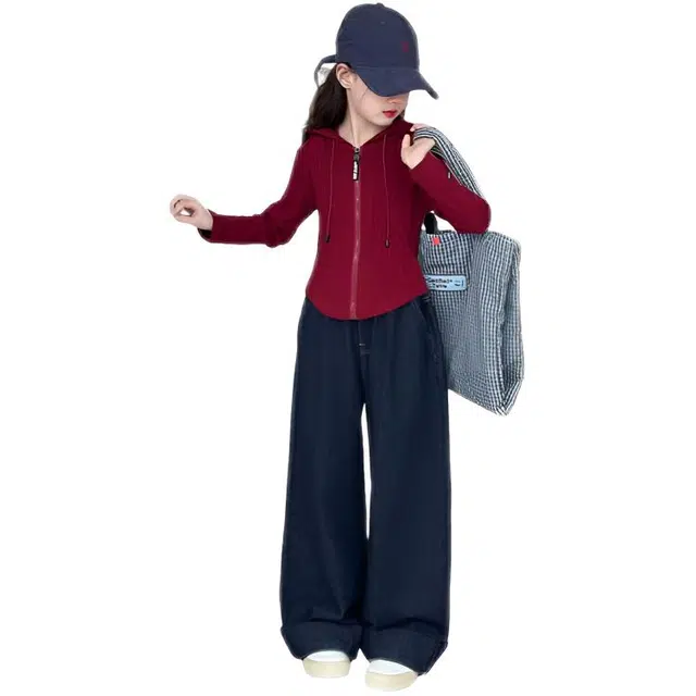 天才小熊休闲运动套装 女童春秋季针织开衫外套牛仔裤 百搭 大童潮牌小孩衣服 小女孩短袖洋气时髦 舒适 青少年