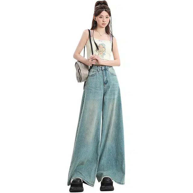拾籍 慵懒风设计高腰阔腿美式休闲百搭宽松垂感长裤牛仔裤 女款